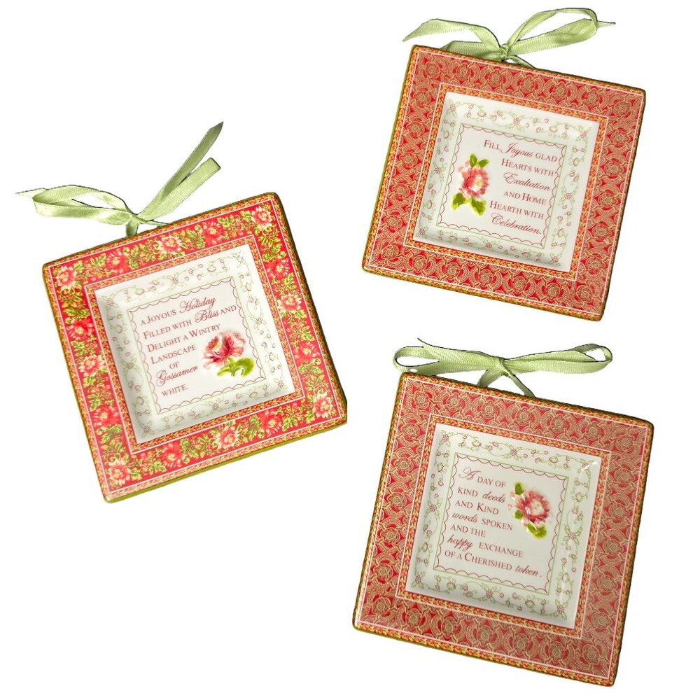 April Cornell Christmas Decorative Plates 3p Wall Plaques Holiday Ceramic Floral